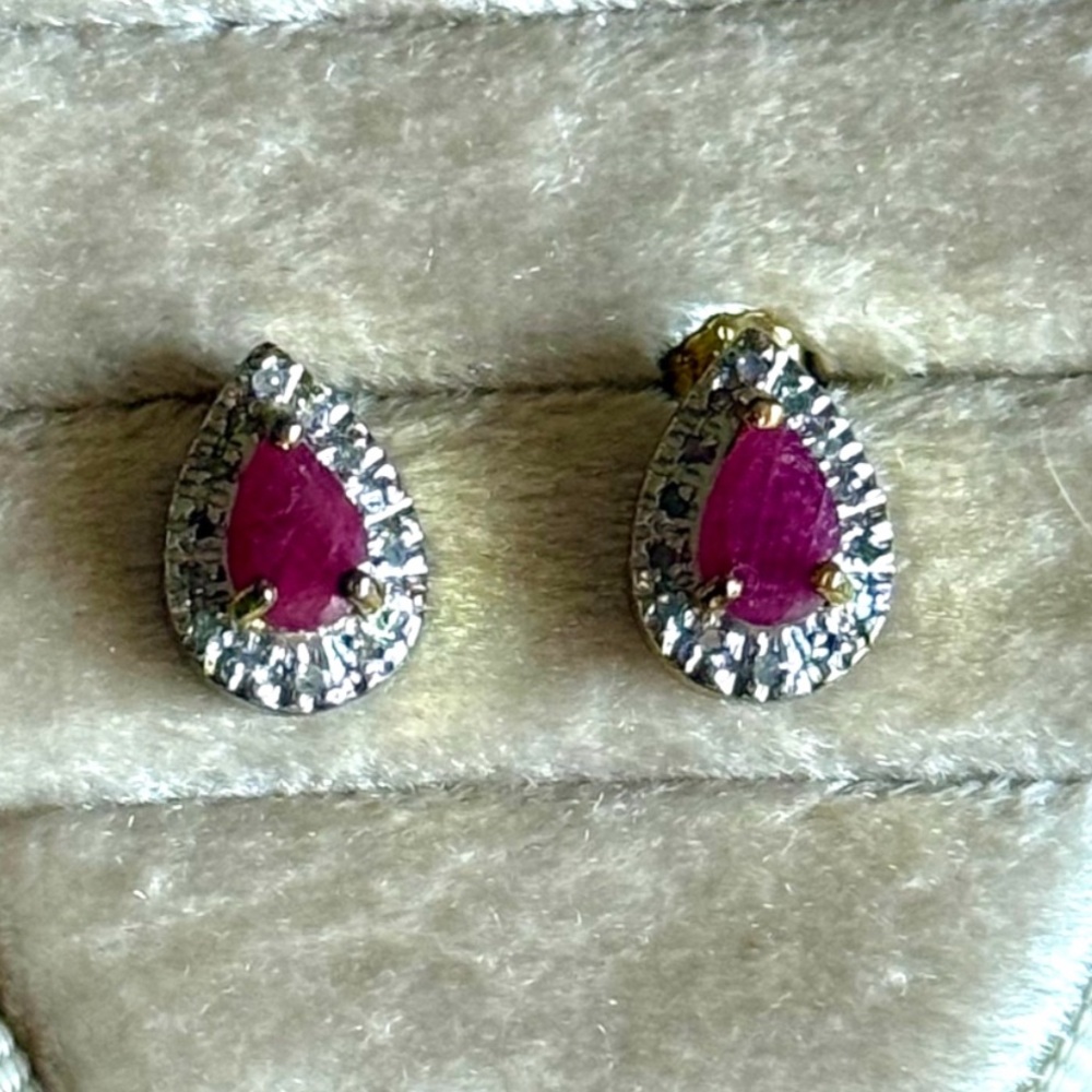 Genuine 28 Diamonds Ruby Gold Earrings